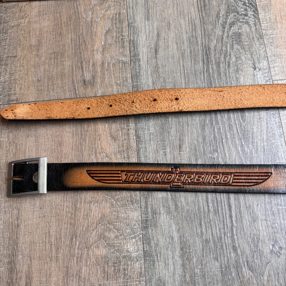 Vintage Thunderbird Embossed Leather Belt Men Black Tan Tooled USA Made sz 44-49